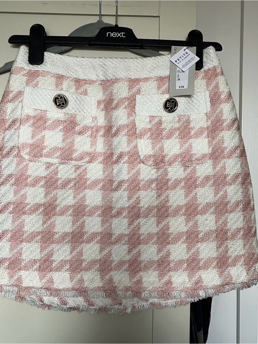 River Island Petite Pink and White Houndstooth Tweed Mini Skirt